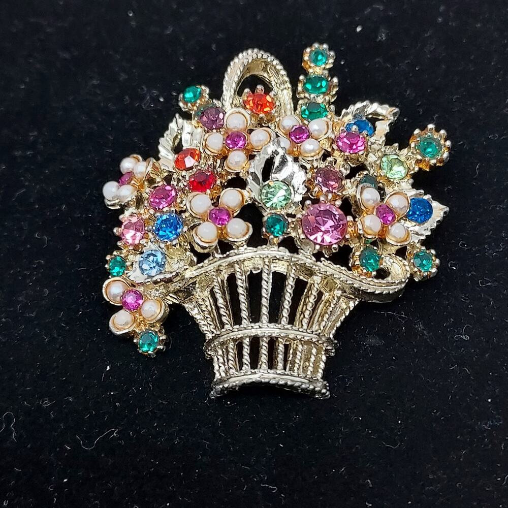 Flower Basket Brooch Multicolor Rhinestones Seed Pearls Gold Tone 2.25" Vintage